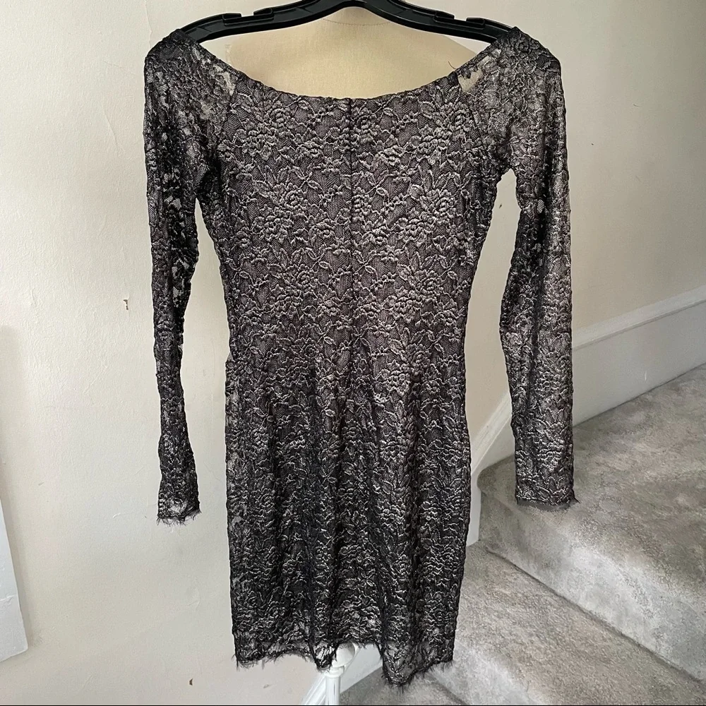Bailey 44 Bronze Black Long Sleeve Off the Shoulder Lace Double Exposure Dress